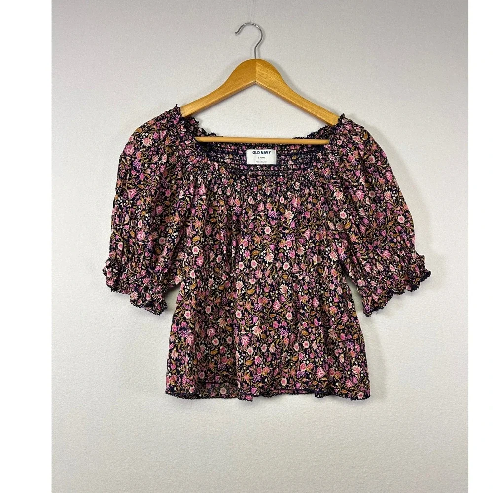 Cottagecore Boho Old Navy Womens S Petite Navy Floral Smocked Puff Sleeve Blouse